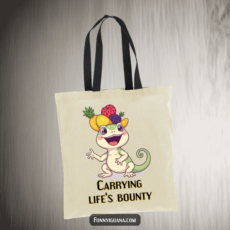 Funny kawaii iguana tote bag with an iguana balancing a large, colorful stack of fruits on its head. Practical and stylish.