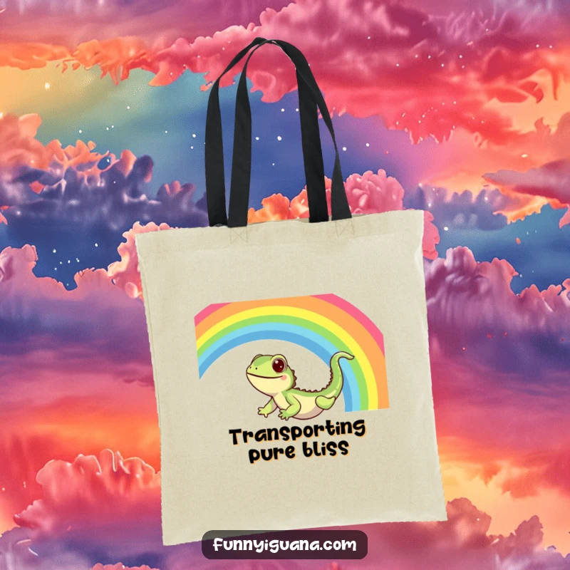 Funny Kawaii Iguana Tote Bag: sturdy bag with a cute iguana sliding down a vibrant rainbow, a cheerful and practical accessory.