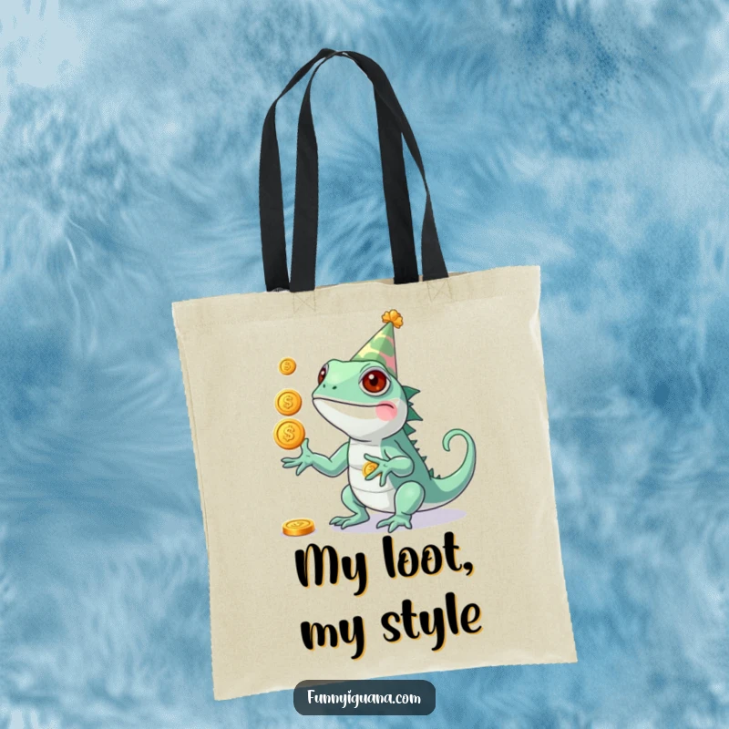 Funny Kawaii Iguana Tote Bag: durable bag with a cute iguana in a party hat, juggling shiny coins, a fun and festive accessory.